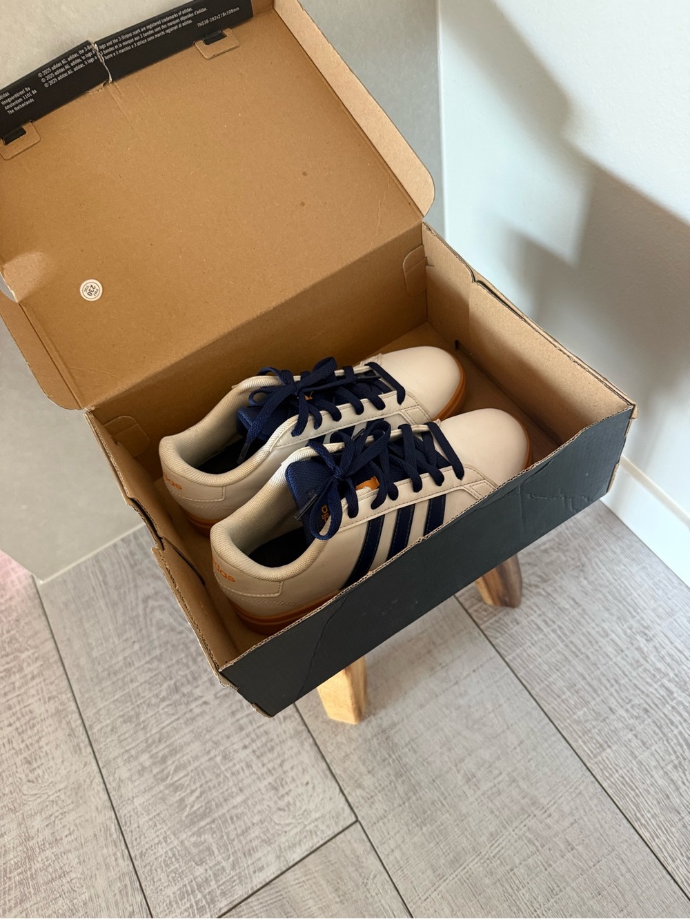 Adidas Kids White, Cream Sneakers with Navy Stripes
